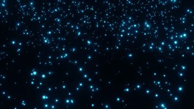 Siyah arkaplanda parlayan parlak mavi parçacıklar 3B görüntüleme