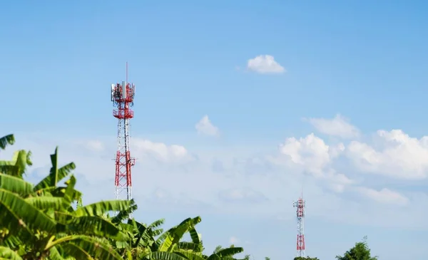 Mobile network Cellular communication tower over forested against the blue sky background