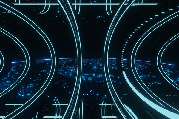 Sci Futuristic Blue Glowing Neon Tunnel Hallway Corridor外星人宇宙飞船背景3D渲染 — 图库照片