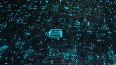 Anakart devre kartı 3D oluşturma üzerinde gelecekteki parlayan işlemci mavi ışık