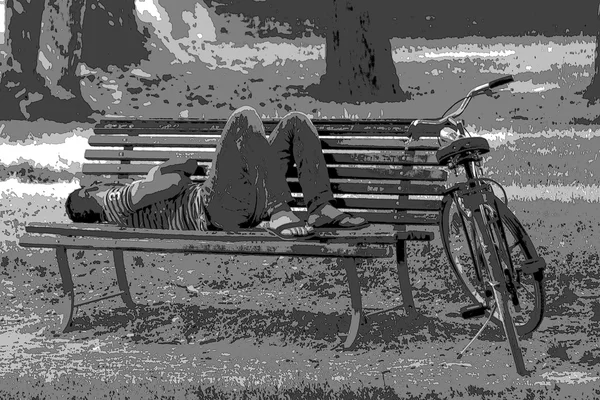 Hombre durmiendo en el banco del parque —  Fotos de Stock