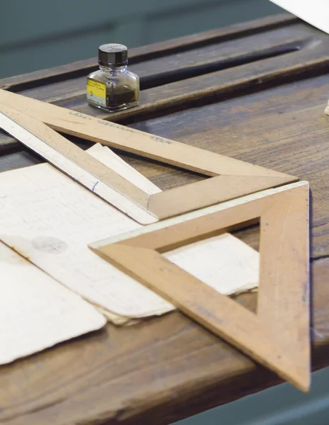 Rulers and inkwell — Stock Photo, Image