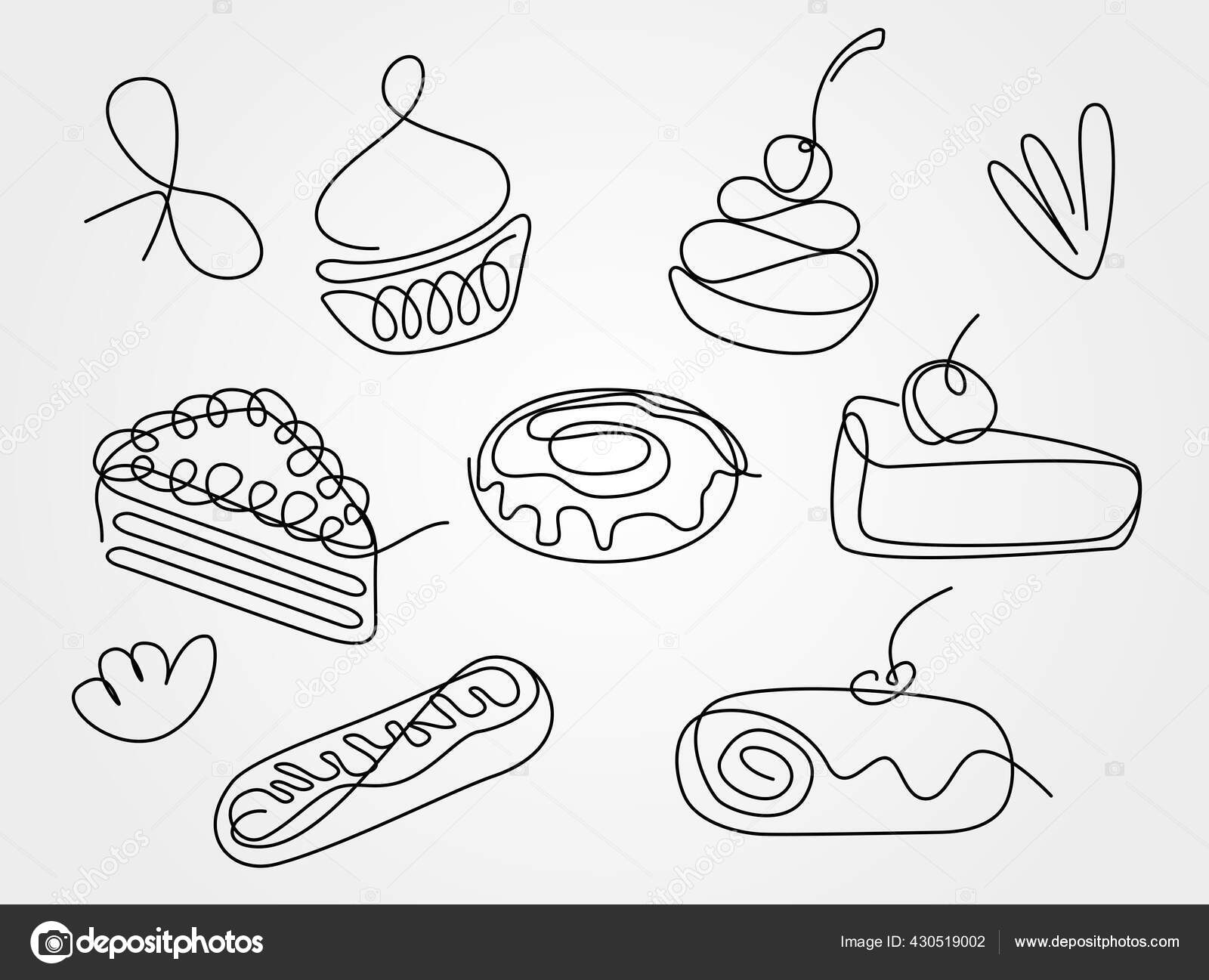 Hand Drawn Dessert Pastry Continuous Outline Cake Single Line Cupcake