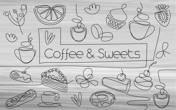 Kaffee Und Süßigkeiten Symbolset Vorhanden Einzeiliges Kuchenschild Eine Linie Ernährungsmuster Stockillustration
