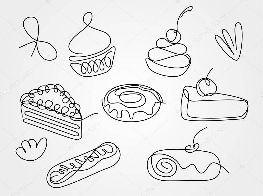 Hand drawn dessert and pastry. Continuous outline cake. Single line cupcake. One line sweets banner. Cafe and restaurant design template.