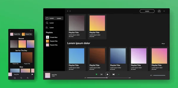 Desain halaman responsif. Antarmuka pemutar musik dengan berlangganan. Profil, Album, Lagu, Mockup Playlist. Web dan layar seluler. Ilustrasi vektor. - Stok Vektor