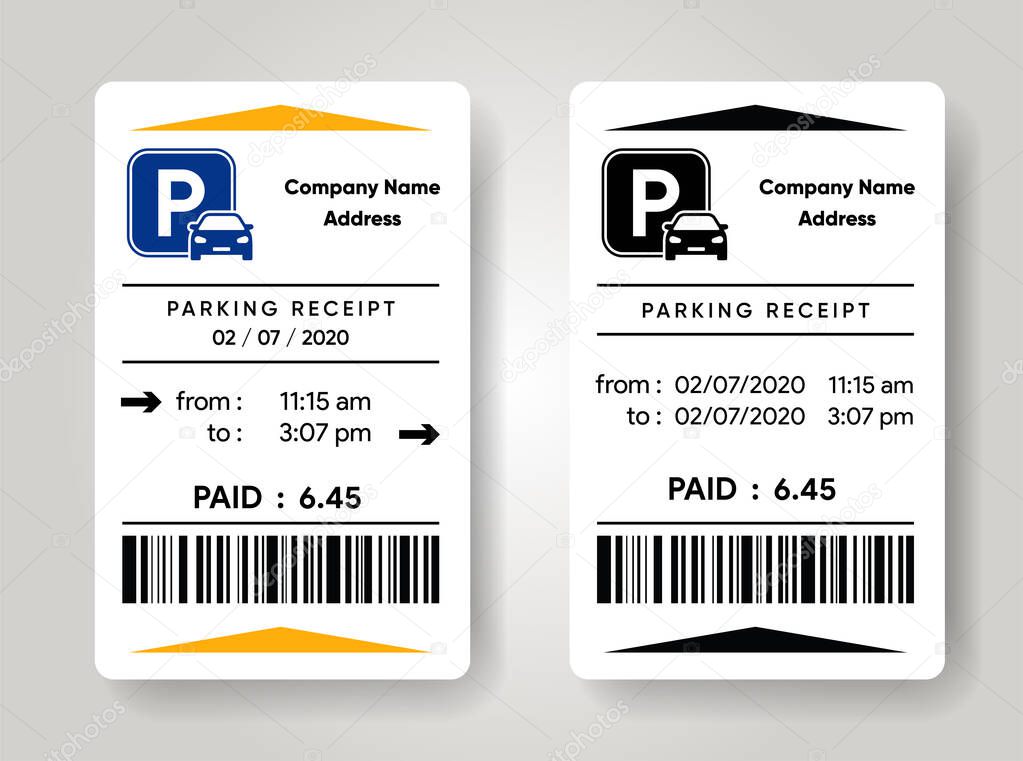 Parking receipt template. Check from parking meter mock up. Price for car stay. Entrance and exit ticket from vehicle stand.