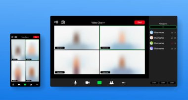 Video uygulaması arayüzü. Görüntüyü yakınlaştır. Çevrimiçi konferans uygulaması yanıt ekranı. Uzaktan konuşma. Uzak takım iletişimi. Web ve mobil yazılım. Vektör illüstrasyonu.