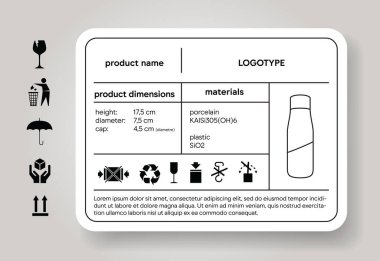 Product description sticker. Dimension and material descriptor. Cargo label. Shipping icons. Package brand depiction. Industrial design specification. Vector illustration mockup. clipart