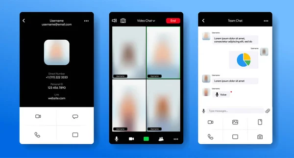 Video chat app interface. Toepassingsscherm voor oproep op afstand. Spraakchat ui. Videogesprek van het team. Mensen berichtten. Gebruikersprofiel. template voor vectorillustratie. — Stockvector