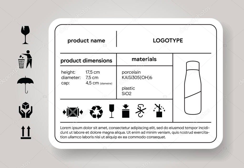 Product description sticker. Dimension and material descriptor. Cargo label. Shipping icons. Package brand depiction. Industrial design specification. Vector illustration mockup.
