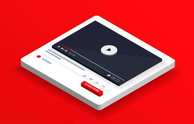 Isometric video oynatıcı youtube. PC sosyal medya arayüzü. Video oynat, maket yap. Üye olma düğmesi. Vlog platformu. Vektör illüstrasyonu.