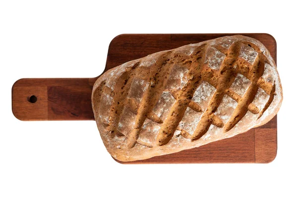 Bochenek Chleba Desce Krojenia Izolowany Białym Tle — Zdjęcie stockowe