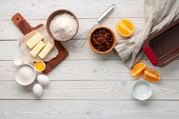 Processo Fabricação Torta Raisin Com Ingredientes Flat Lay — Fotografia de Stock