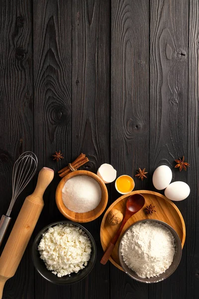 Ingredientes Para Fazer Pães Com Queijo Cottage Fundo Madeira Vista — Fotografia de Stock