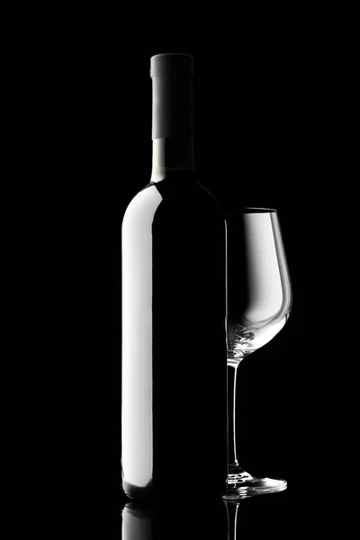 Red Wine Bottle Wine Glass Isolated Black Background — Stock Photo, Image