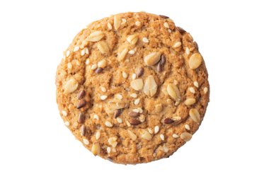 Beyaz arkaplanda farklı tohumlara sahip yulaf ezmeli kurabiyeler, üst görünüm