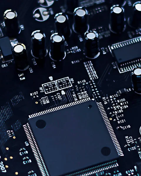 Circuit close-up with chips and electronic components