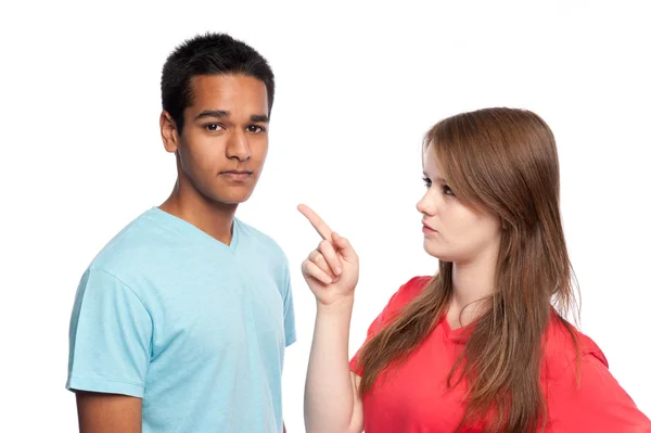 Girl Pointing At Boy. — Stock Photo, Image