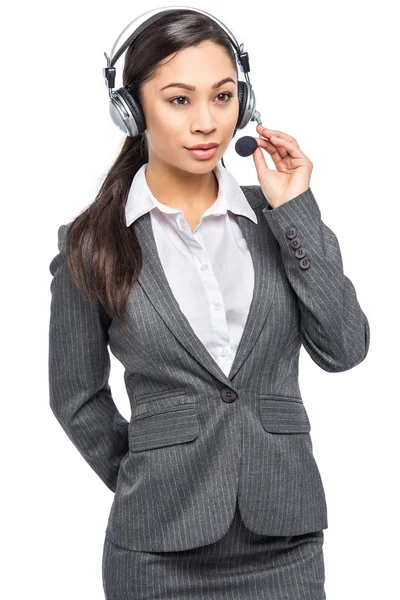 Smart Asian Woman Listening With Headset and Microphone — Stock Photo, Image