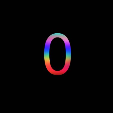 İzole edilmiş siyah arkaplanda 0 numaralı gökkuşağı çizimi. Pankart, el ilanı veya kapak için soyut alfabe sembolü. Stok illüstrasyonu.