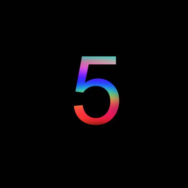İzole edilmiş siyah arkaplanda 5 numaralı gökkuşağı çizimi. Pankart, el ilanı veya kapak için soyut alfabe sembolü.