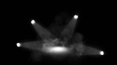 Projektör parlak stadyum ışıkları. Siyah arka planda duman olan spot ışıkları. Stadyumda ışıklandırmalı ödül töreni. Sahne aydınlatması parlıyor. Stok illüstrasyonu.