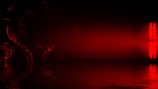 Червоний Проектор Яскраві Стадіонні Вогні Прожектор Димом Чорному Тлі Церемонія — стокове фото