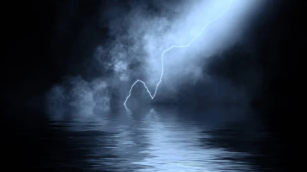 Abstract realistic nature blue lightning thunder background . Bright curved line on isolated texture overlays. Reflection in water.
