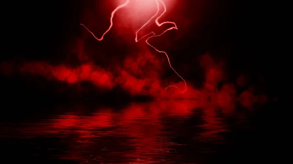 要旨現実的な性質の赤い雷の背景 絶縁されたテクスチャオーバーレイ上の明るい曲線 水の反射 — ストック写真