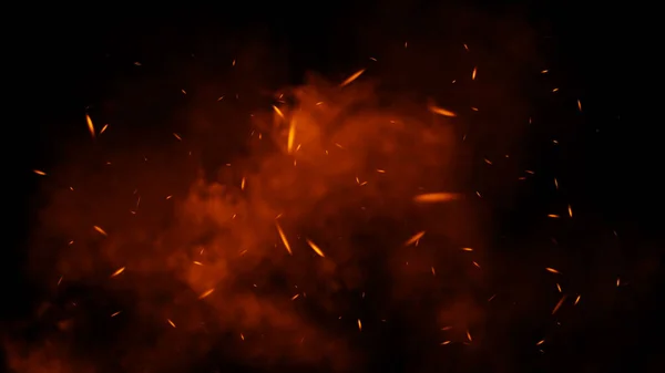完璧な炎の粒子が孤立した黒い背景に火花を散らします テクスチャオーバーレイ 爆発燃焼効果 — ストック写真