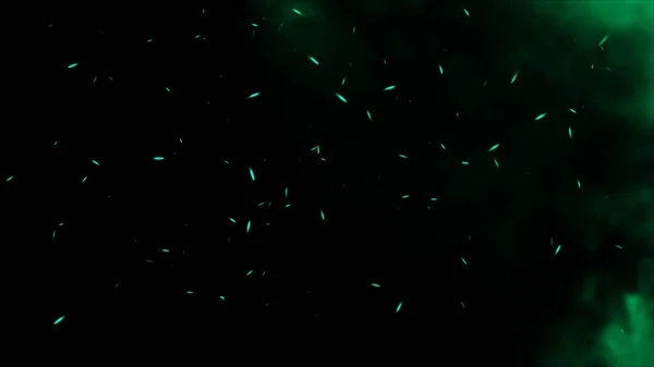 完璧な緑色の炎の粒子が孤立した黒い背景に火花を散らします テクスチャオーバーレイ 爆発燃焼効果 — ストック写真