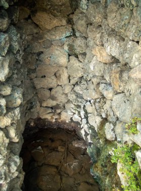 Arkansas 'taki küçük kaplıcalardan biri. Etrafında bir kaya duvarı oluşumu ve biraz yeşillik var. Bokeh.