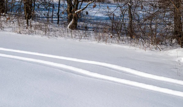 Traťové Čáry Pneumatik Jsou Poutavé Sněhu Missouri Kartáčové Pozadí Dává — Stock fotografie