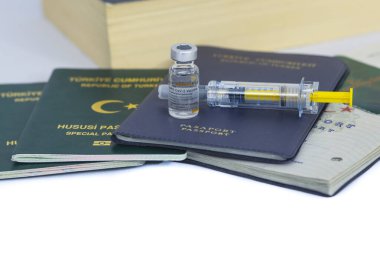 Antalya, Turkey - 18 Ocak 2021. Aşılama ve aşı pasaportlu Türkiye pasaportu