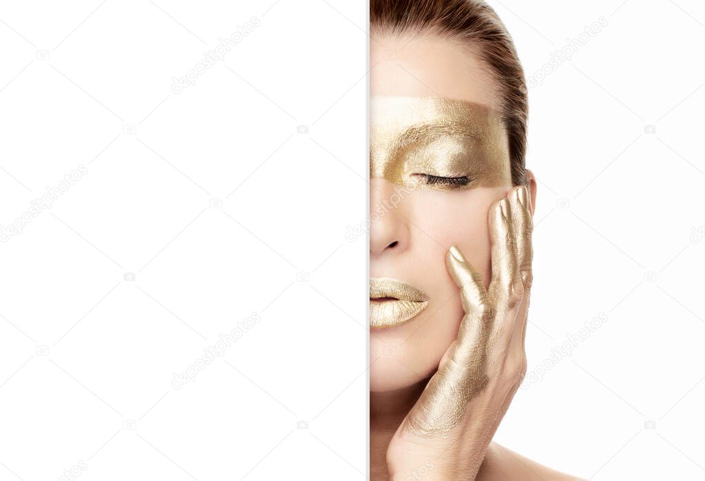 Gold based anti aging skincare concept. Beautiful model woman with gold treatment on a flawless skin.  Cosmetology, beauty treatment, spa and skin care. Close up beauty portrait isolated on white