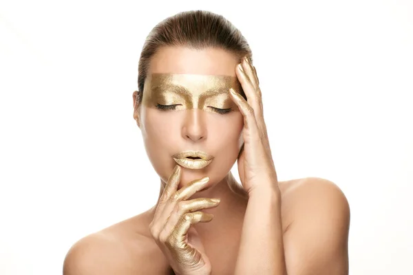 Gold Skin Girl Isolated White Gold Based Skincare Concept Beauty — Stock Photo, Image