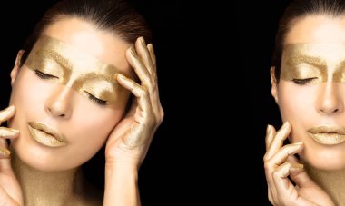 Yaşlanma karşıtı tedavi ve altın bazlı spa derisi konsepti. Gözleri, dudakları, parmakları ve boynu altın maskeli sağlıklı bir kadın yüzü. Siyah üzerine izole edilmiş iki yüz portresi ve merkez kopya alanı