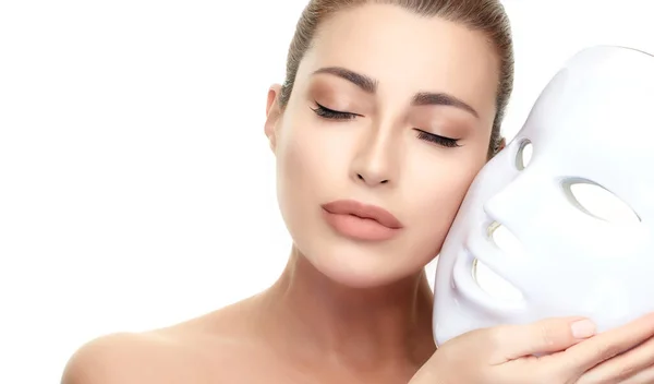 Schönheit Modell Frau Mit Led Maske Photonentherapie Lichtbehandlung Hautverjüngung Führte — Stockfoto
