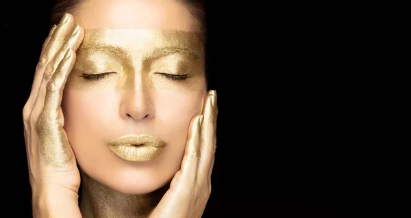 Beautiful Woman Half Face Glowing Golden Skin Eyes Closed Serene — Stok fotoğraf