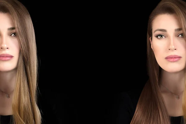 Panorama Banner Met Split Beauty Portret Vormen Zijkant Grenzen Van — Stockfoto