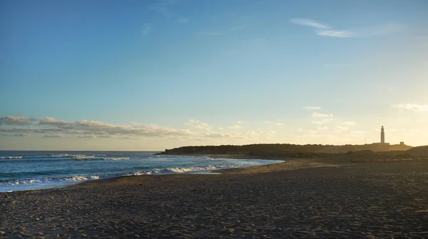 Plage Marisucia Caos Meca Coucher Soleil Avec Phare Trafalgar Arrière — Photo