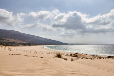 Tarifa 'daki Valdevaqueros kum tepesi ve plajı manzarası. İspanya, Endülüs 'teki Cadiz kıyılarının doğal manzarası
