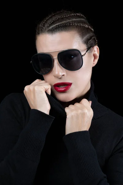 Beautiful Woman Braided Dark Hair Red Lips Wearing Modern Sunglasses — Stock Photo, Image