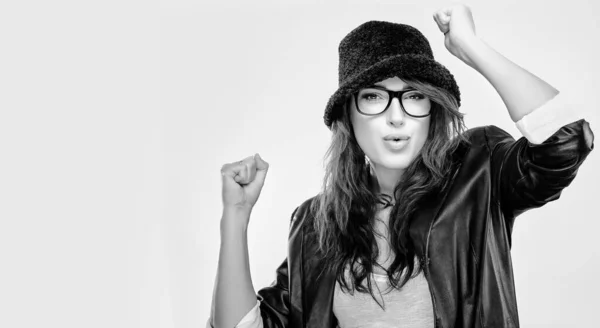 Monochrome Woman Celebrating Victory Chic Young Woman Long Brunette Hair — Stock Photo, Image