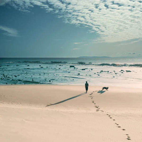 Idyllic Yüksek Açılı Deniz Manzaralı Bir Adam Güneşli Kumsalda Neşeli — Stok fotoğraf