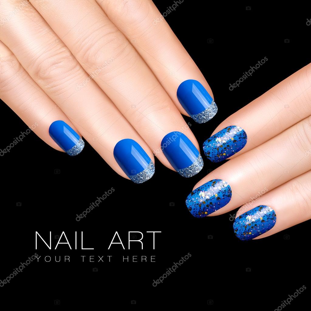 Coffin Long False Nail Glitter Blue French Press on Nails for Nail Art  24pcs | eBay