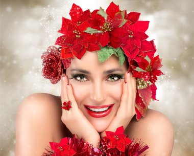 mutlu Noel kız. Kırmızı güzel bir kadın. tatil saç modeli 