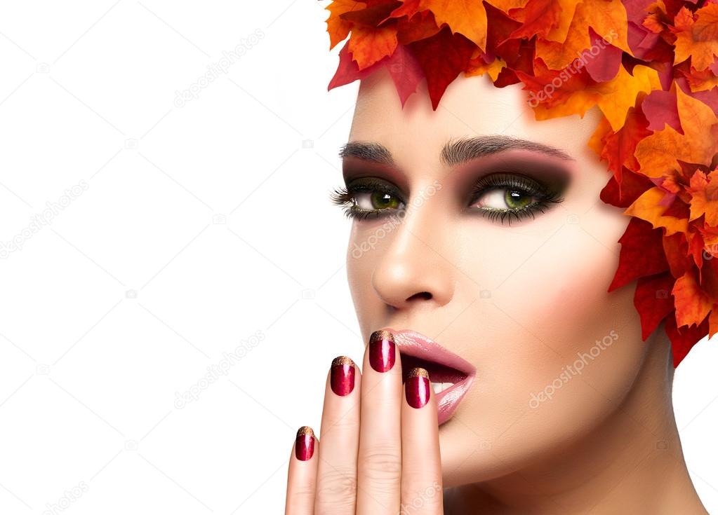 Autumn Makeup and Nail Art Trend. Beauty Fashion Girl