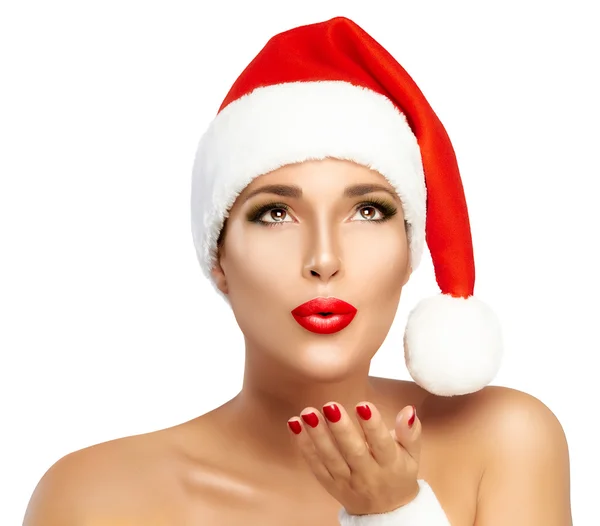 Beauty Fashion Girl with Santa Hat Sending a Kiss — Stock Photo, Image